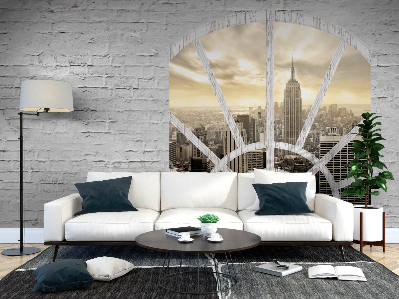 Fototapeta panoramatické okno v tehlovej stene s výhľadom na New York