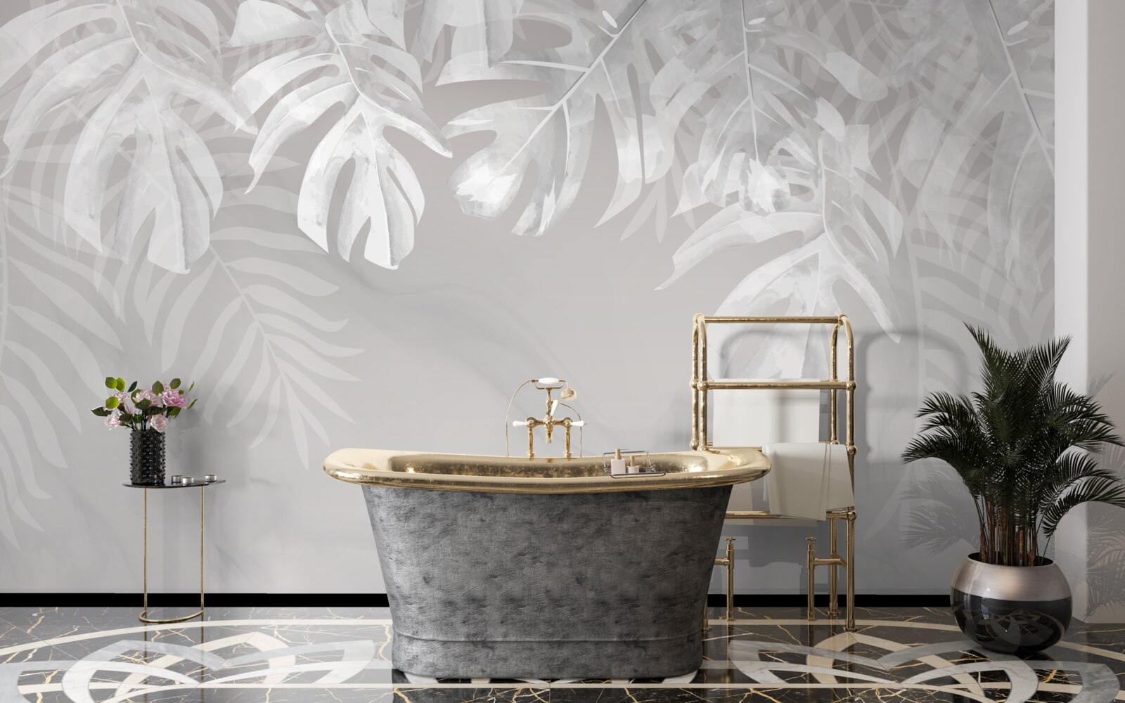 Fototapeta monsteras so snehovo bielymi visiacimi listami