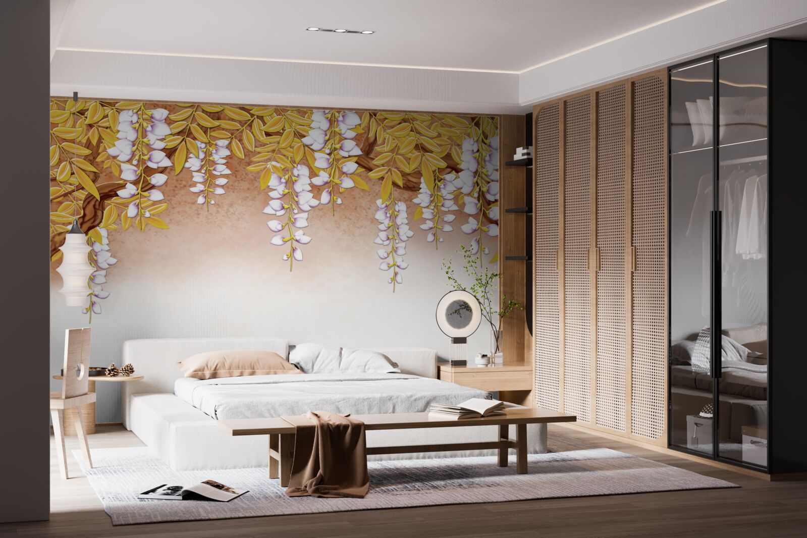 Fototapeta odraz žltých listov a bielych kvetov