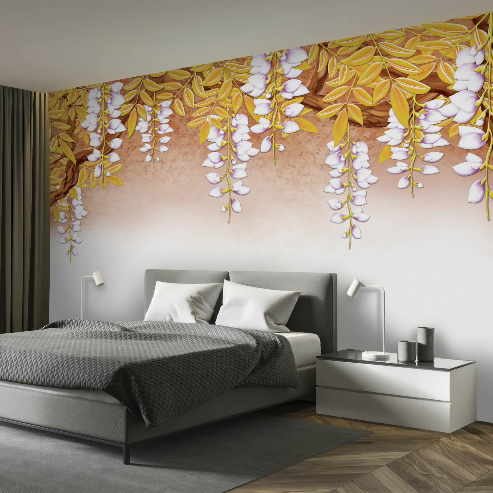 Fototapeta odraz žltých listov a bielych kvetov