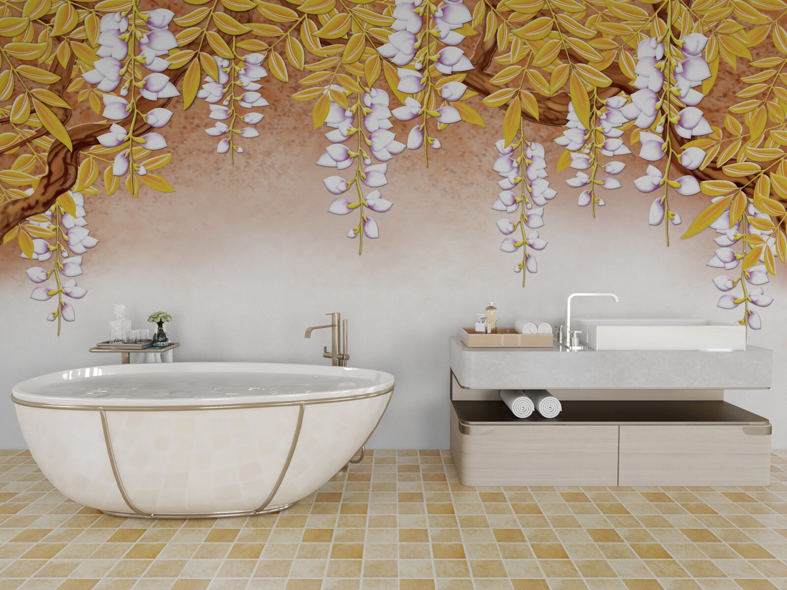 Fototapeta odraz žltých listov a bielych kvetov