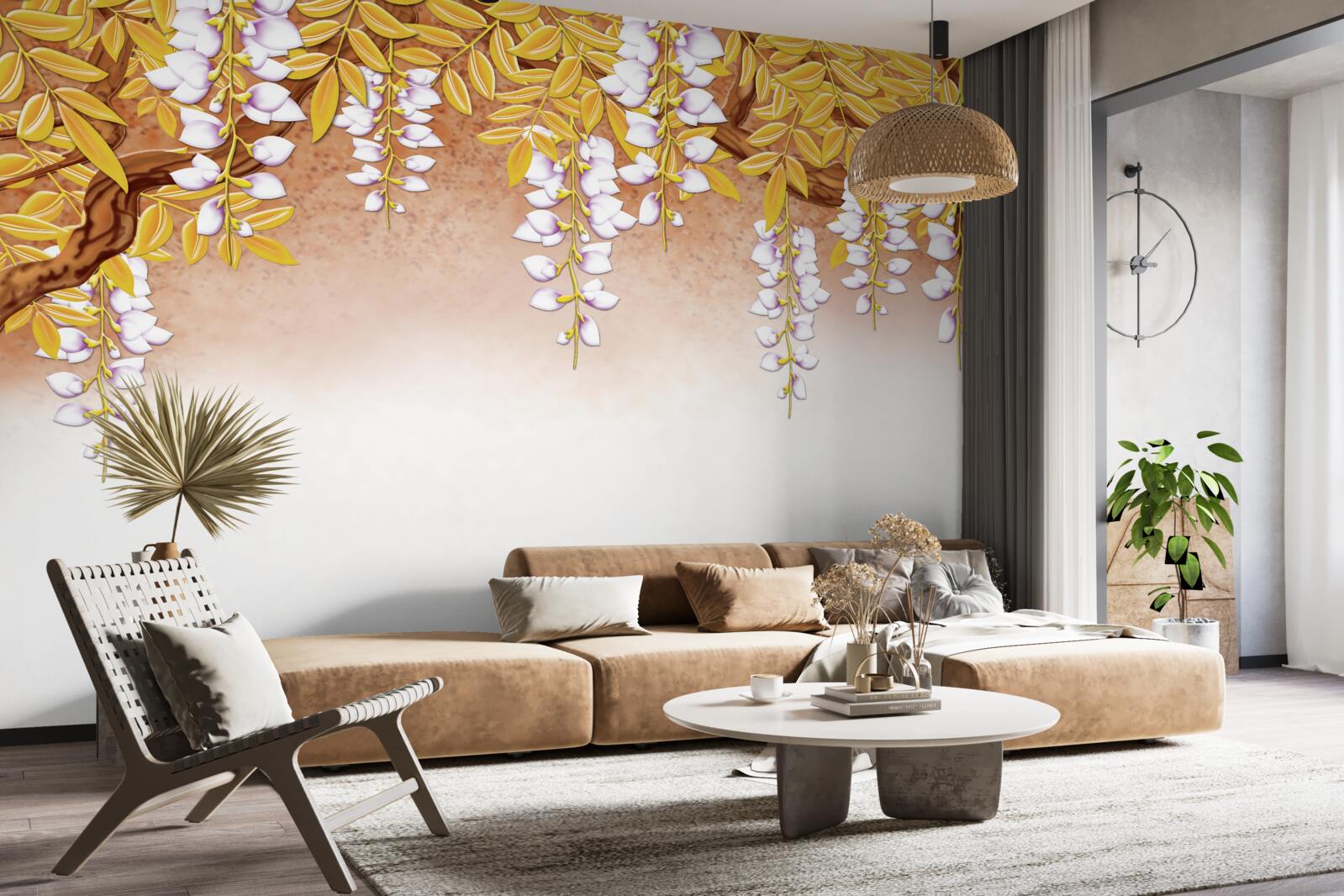 Fototapeta odraz žltých listov a bielych kvetov