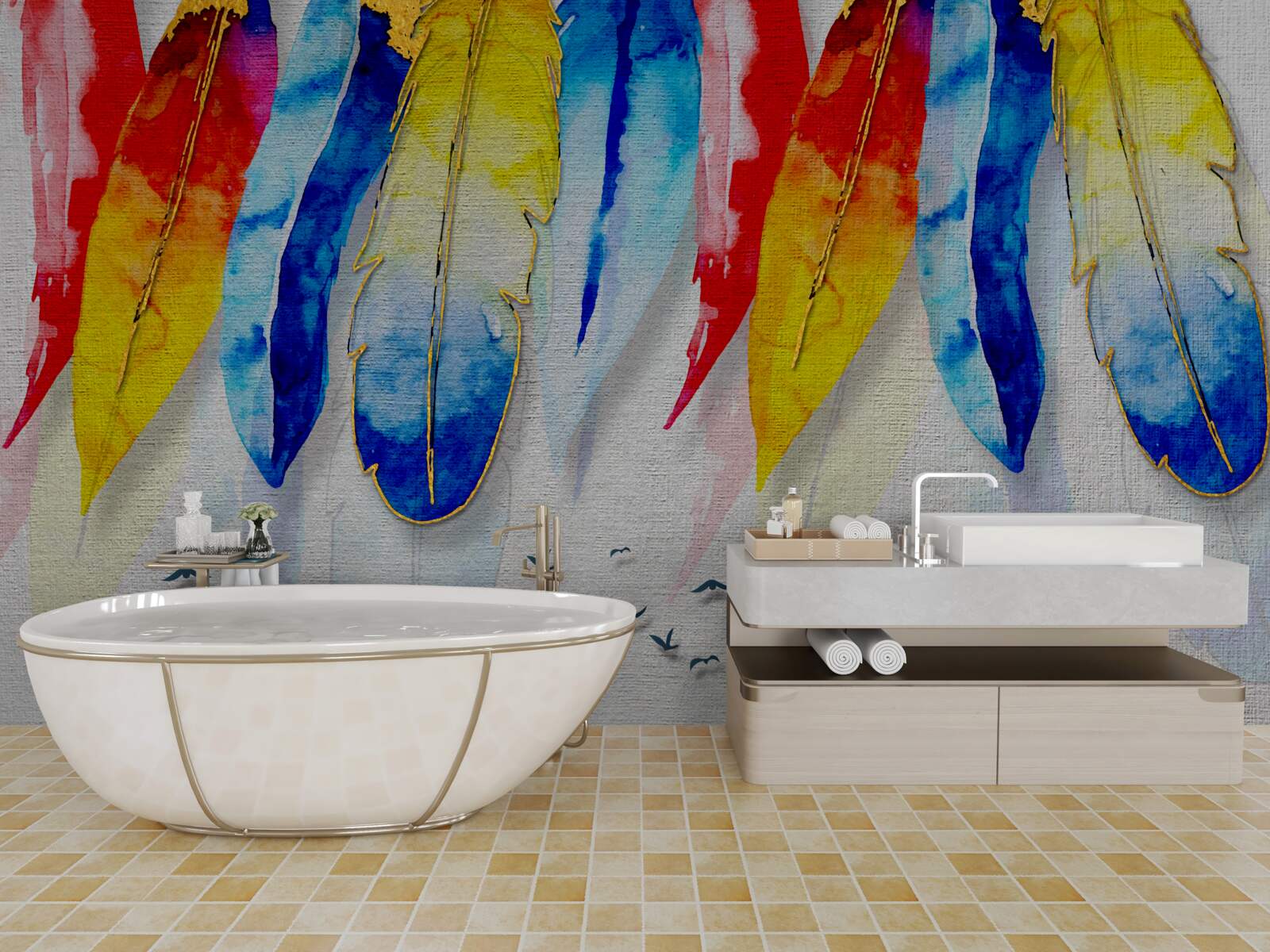 Fototapeta akvarelové pierka v boho štýle