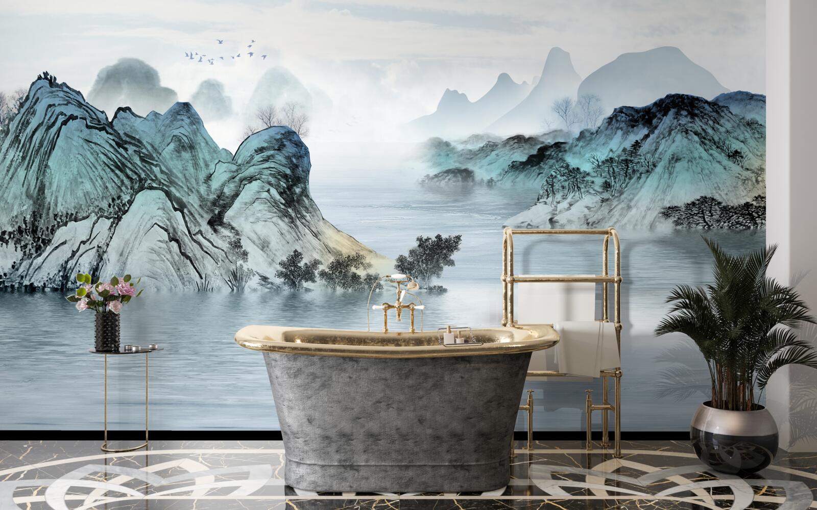 Fototapeta rybár na horskej nádrži