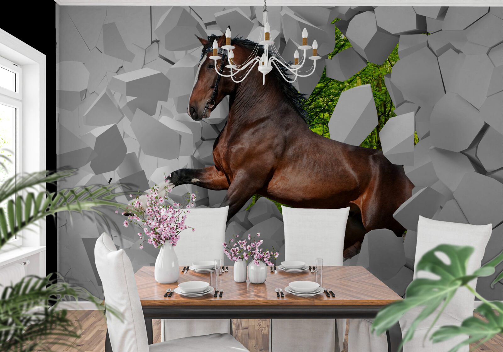 Fototapeta hnedý kôň prekonáva prekážku v podobe steny