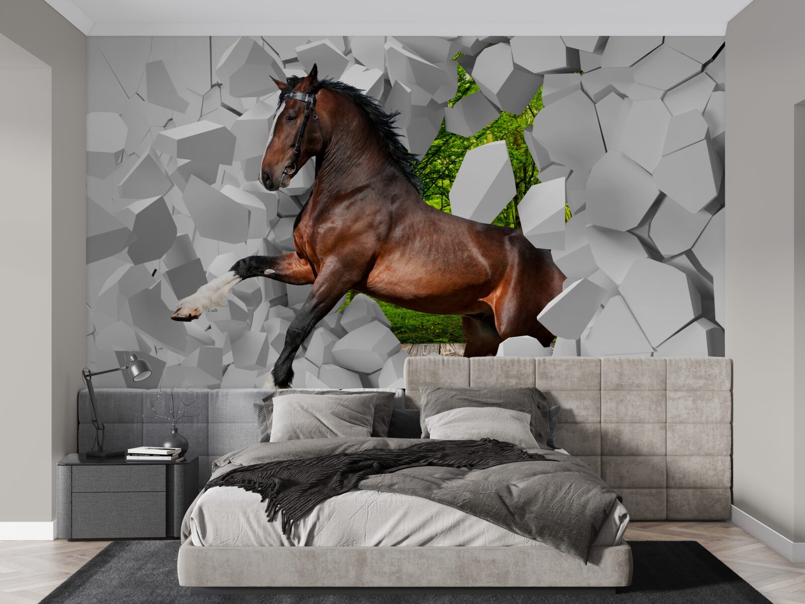 Fototapeta hnedý kôň prekonáva prekážku v podobe steny