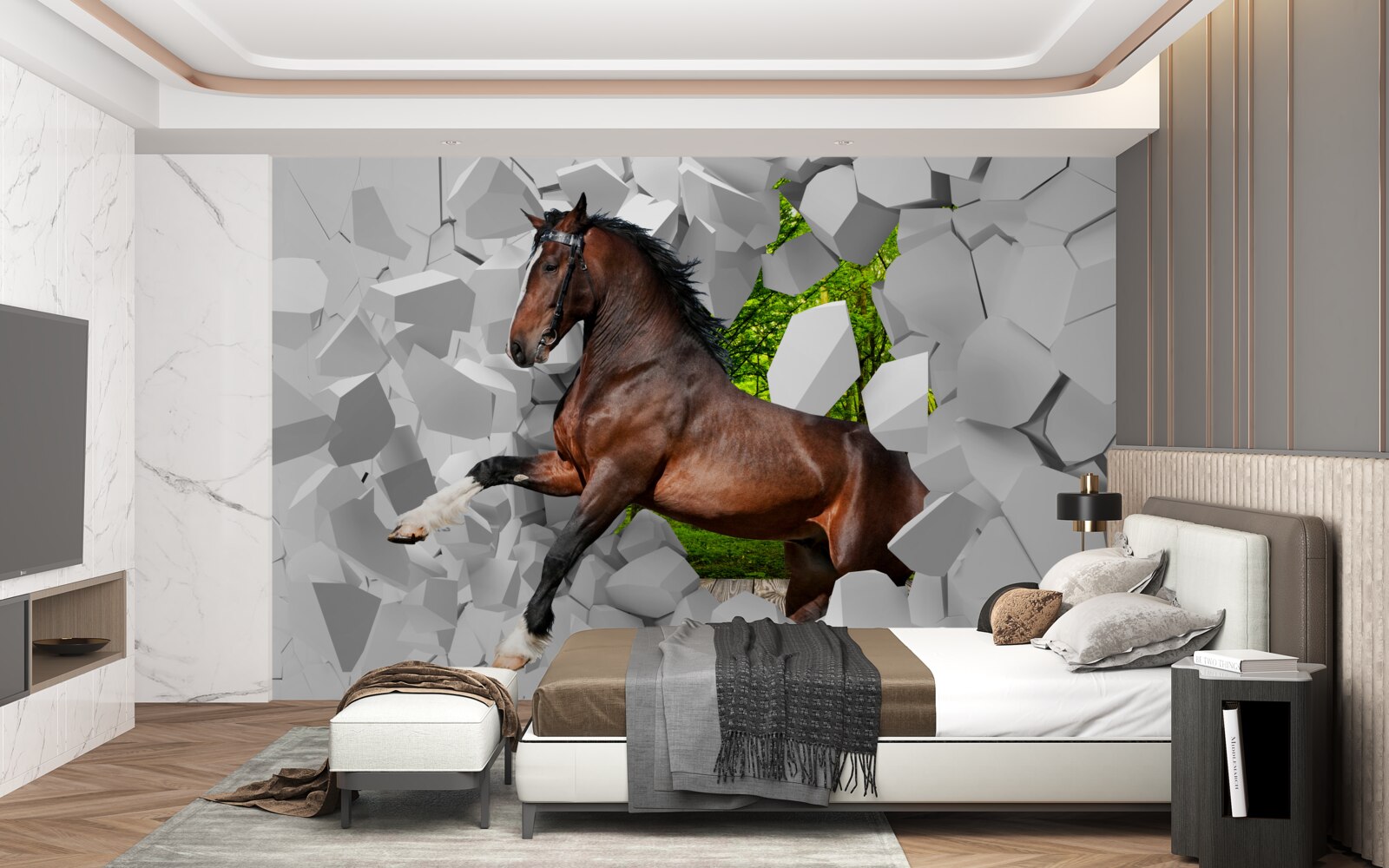 Fototapeta hnedý kôň prekonáva prekážku v podobe steny