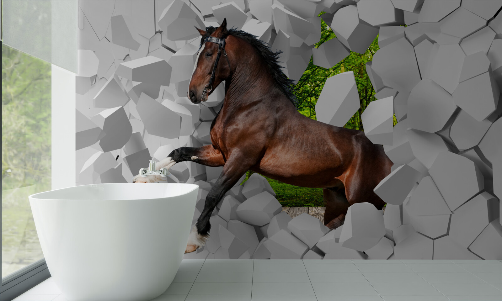 Fototapeta hnedý kôň prekonáva prekážku v podobe steny