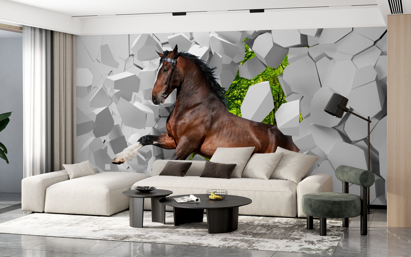 Fototapeta hnedý kôň prekonáva prekážku v podobe steny