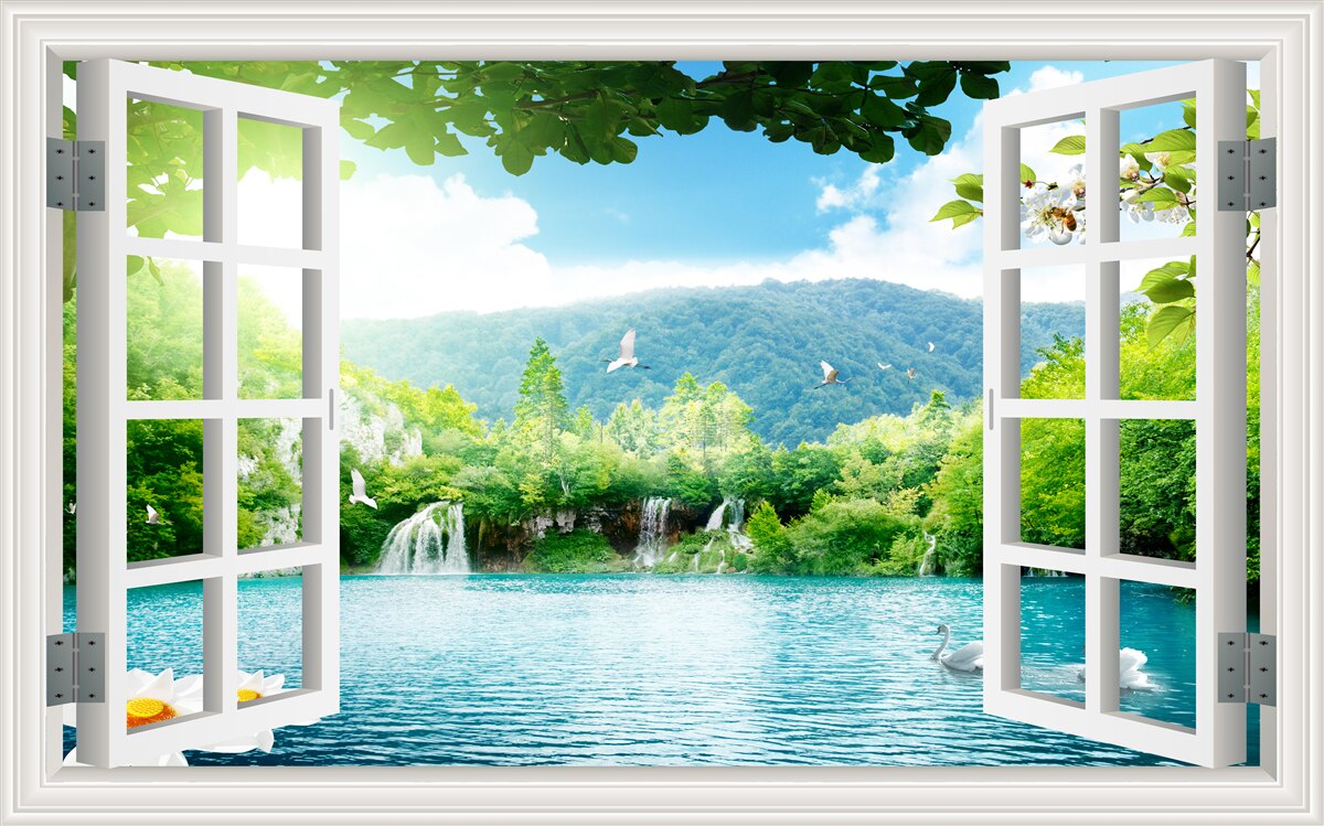 Fototapeta z okna je výhľad na jazero, do ktorého tečú vodopády