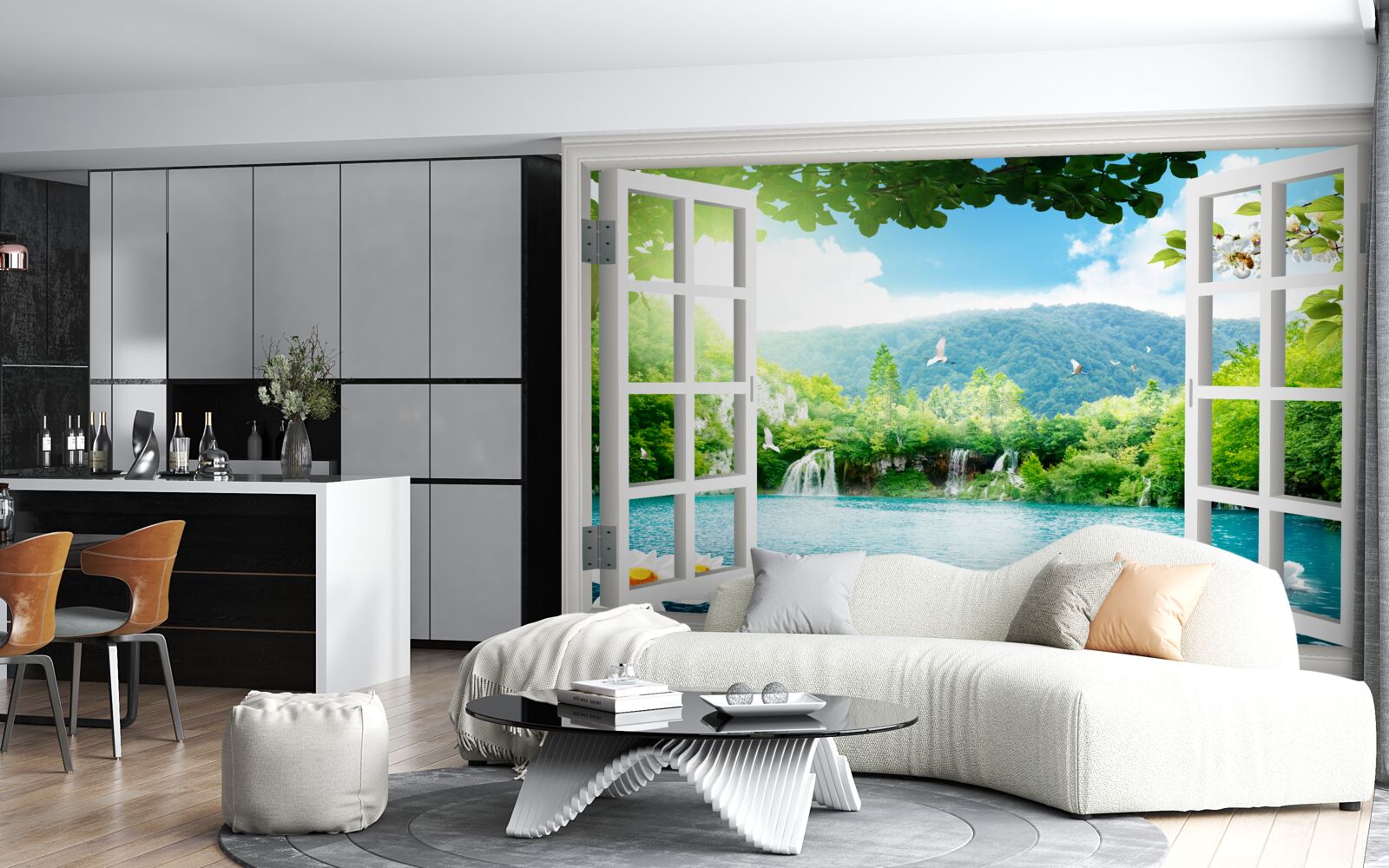 Fototapeta z okna je výhľad na jazero, do ktorého tečú vodopády