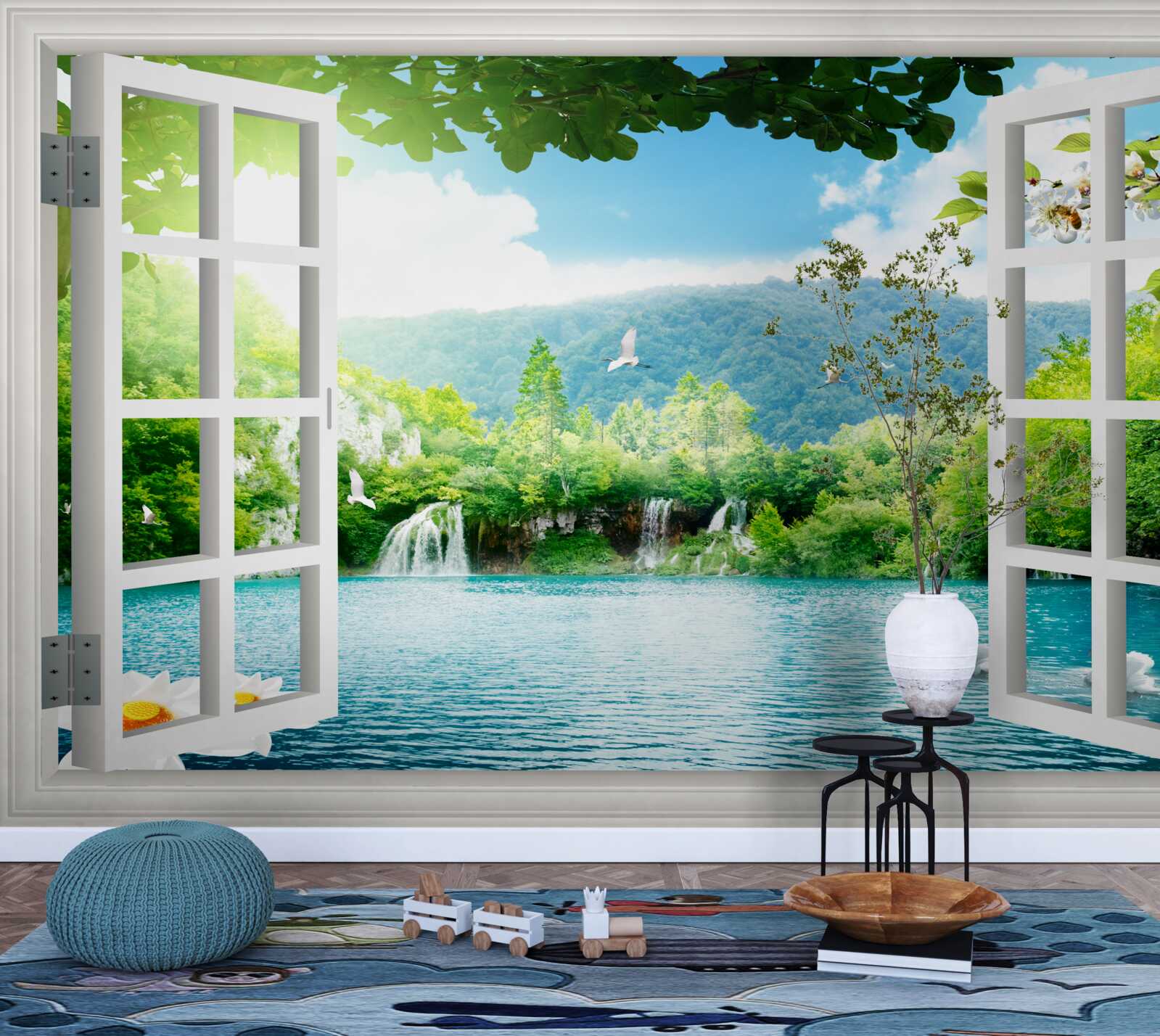 Fototapeta z okna je výhľad na jazero, do ktorého tečú vodopády