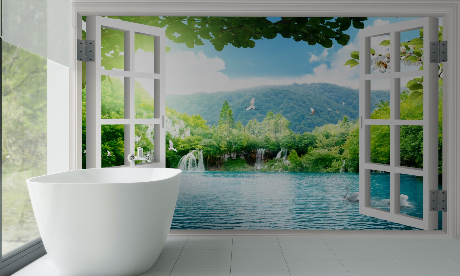 Fototapeta z okna je výhľad na jazero, do ktorého tečú vodopády
