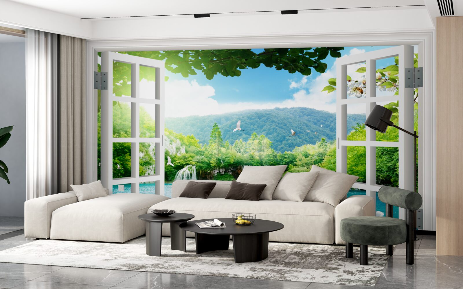 Fototapeta z okna je výhľad na jazero, do ktorého tečú vodopády