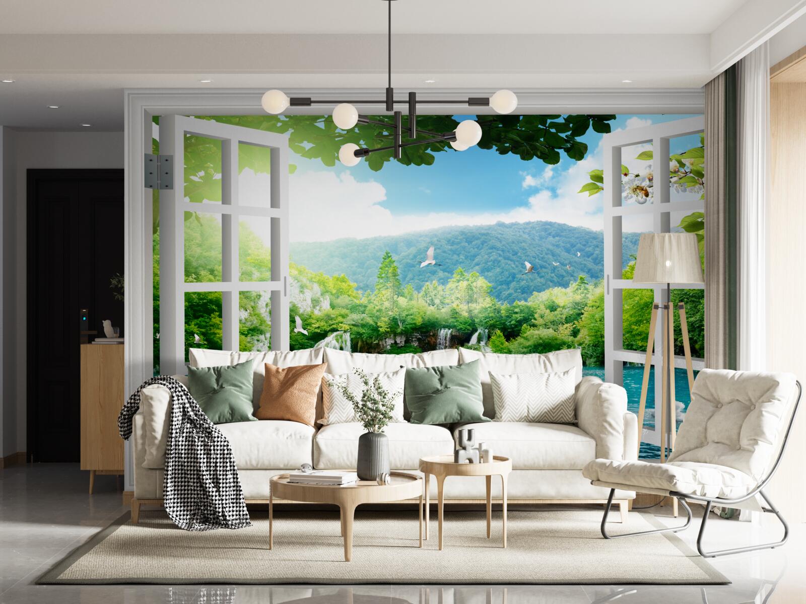 Fototapeta z okna je výhľad na jazero, do ktorého tečú vodopády