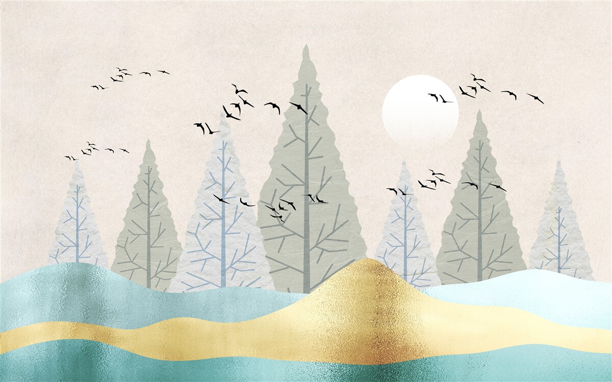 Fototapeta vtáky lietajúce nad lesom pri západe slnka