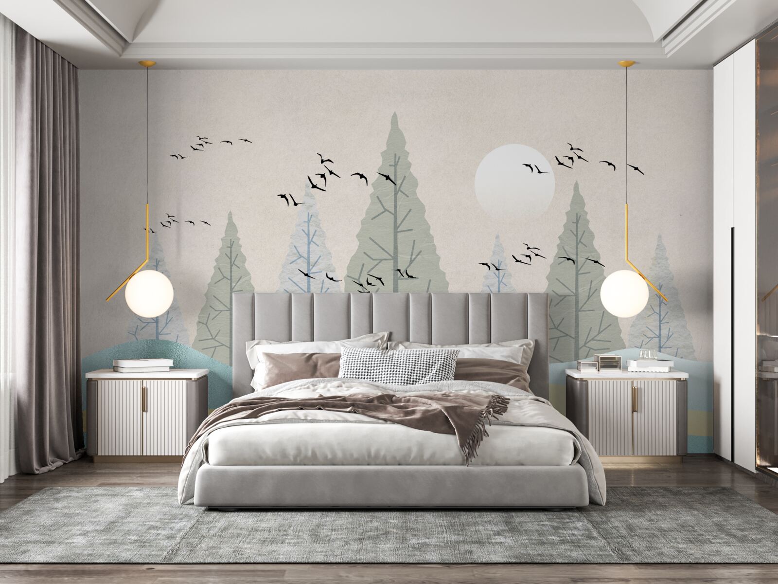 Fototapeta vtáky lietajúce nad lesom pri západe slnka