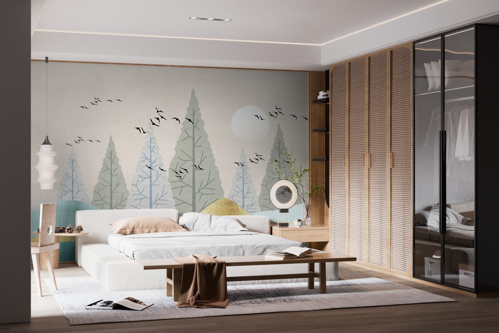 Fototapeta vtáky lietajúce nad lesom pri západe slnka