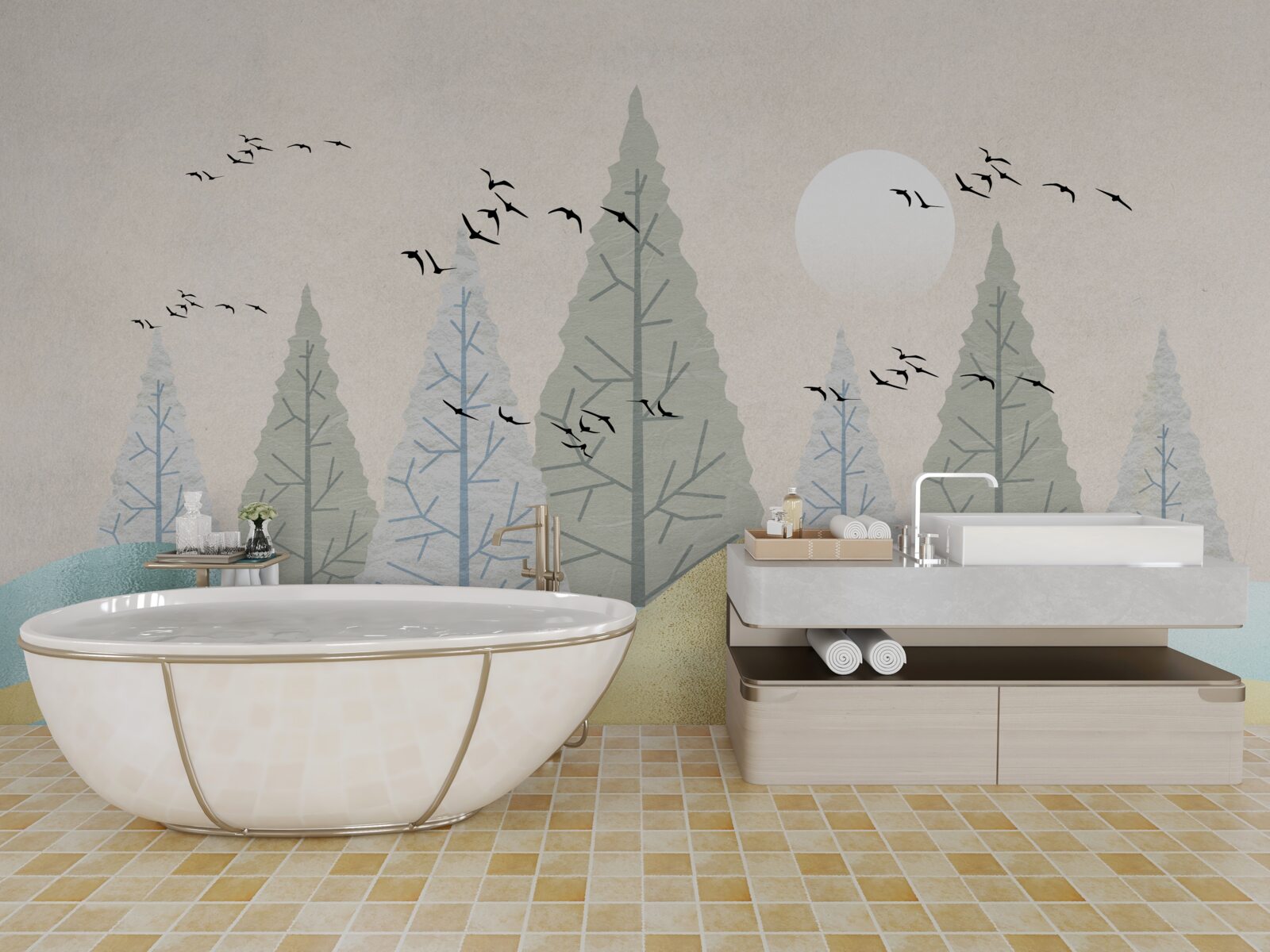 Fototapeta vtáky lietajúce nad lesom pri západe slnka