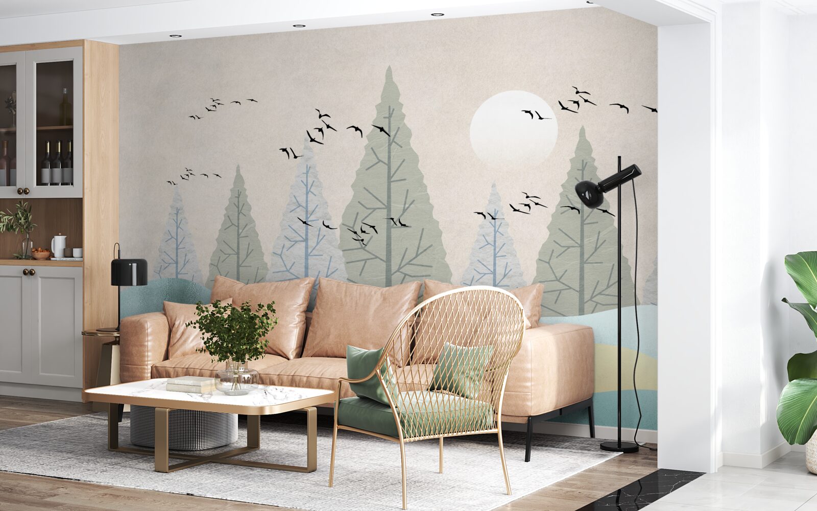 Fototapeta vtáky lietajúce nad lesom pri západe slnka