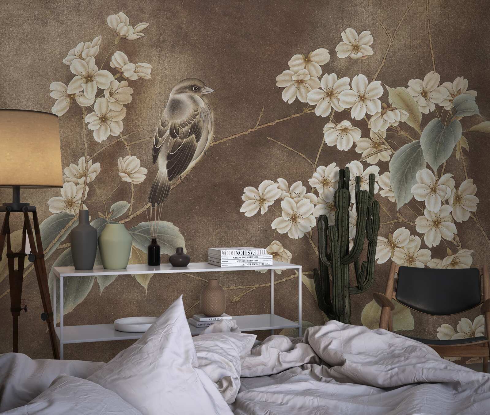 Fototapeta vrabec na konári so snehovo bielymi kvetmi