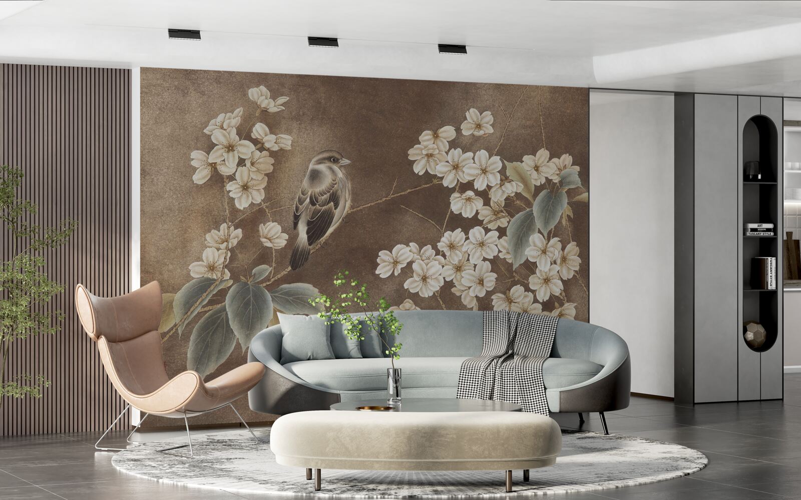 Fototapeta vrabec na konári so snehovo bielymi kvetmi