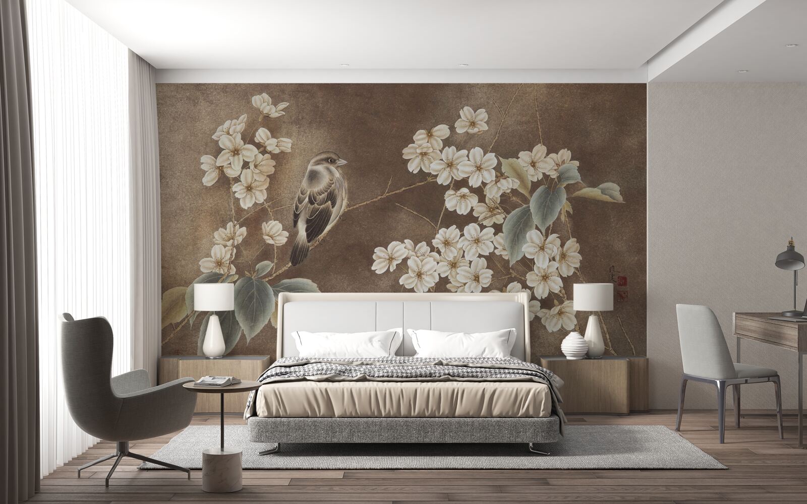 Fototapeta vrabec na konári so snehovo bielymi kvetmi