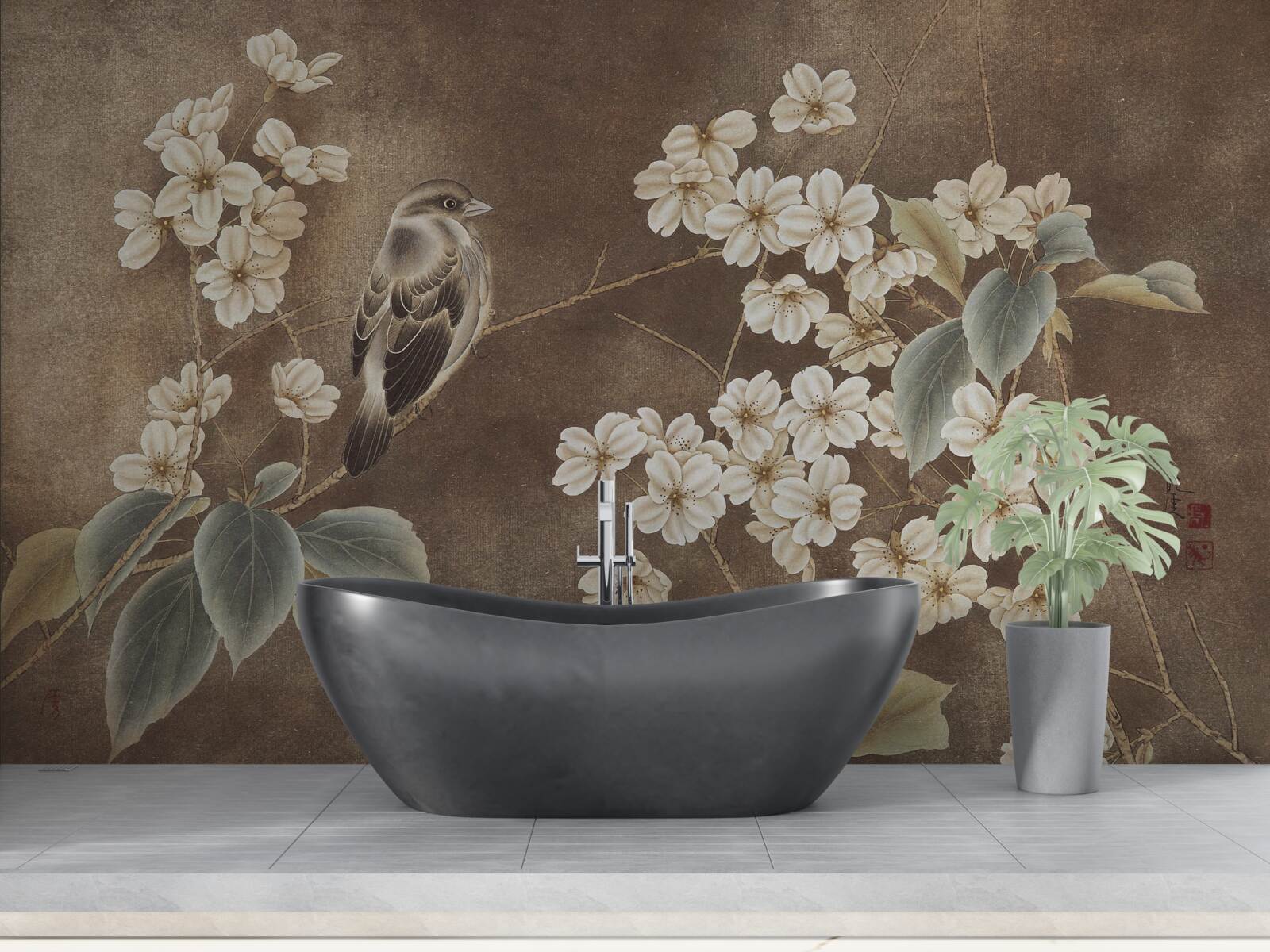 Fototapeta vrabec na konári so snehovo bielymi kvetmi