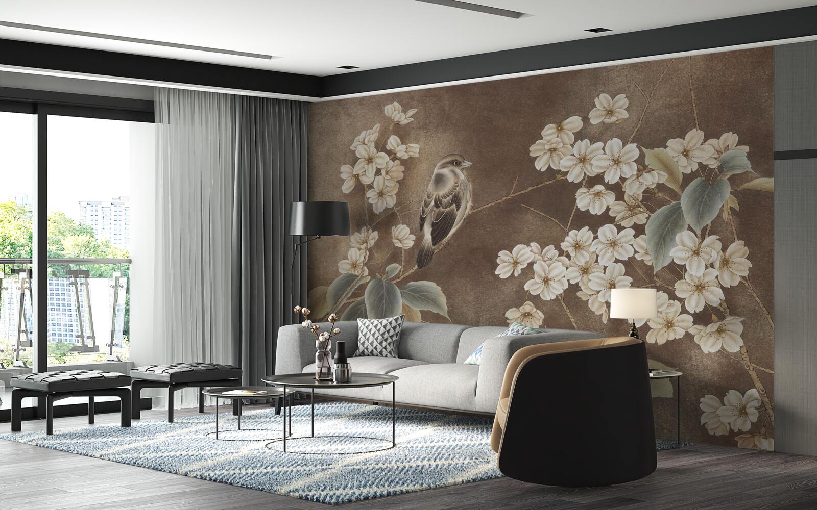 Fototapeta vrabec na konári so snehovo bielymi kvetmi