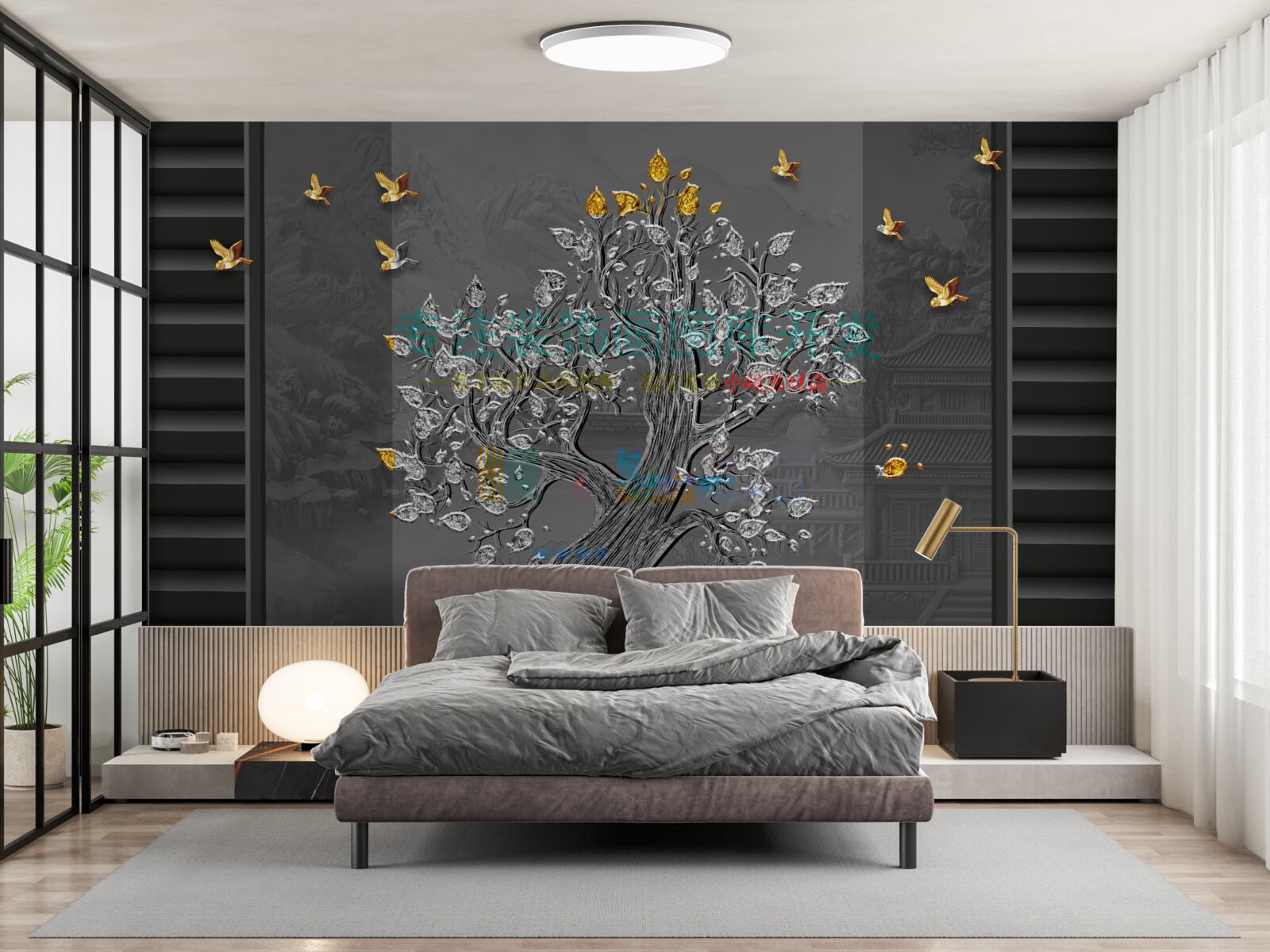 Fototapeta strom zlata a vtáky lietajúce na oblohe