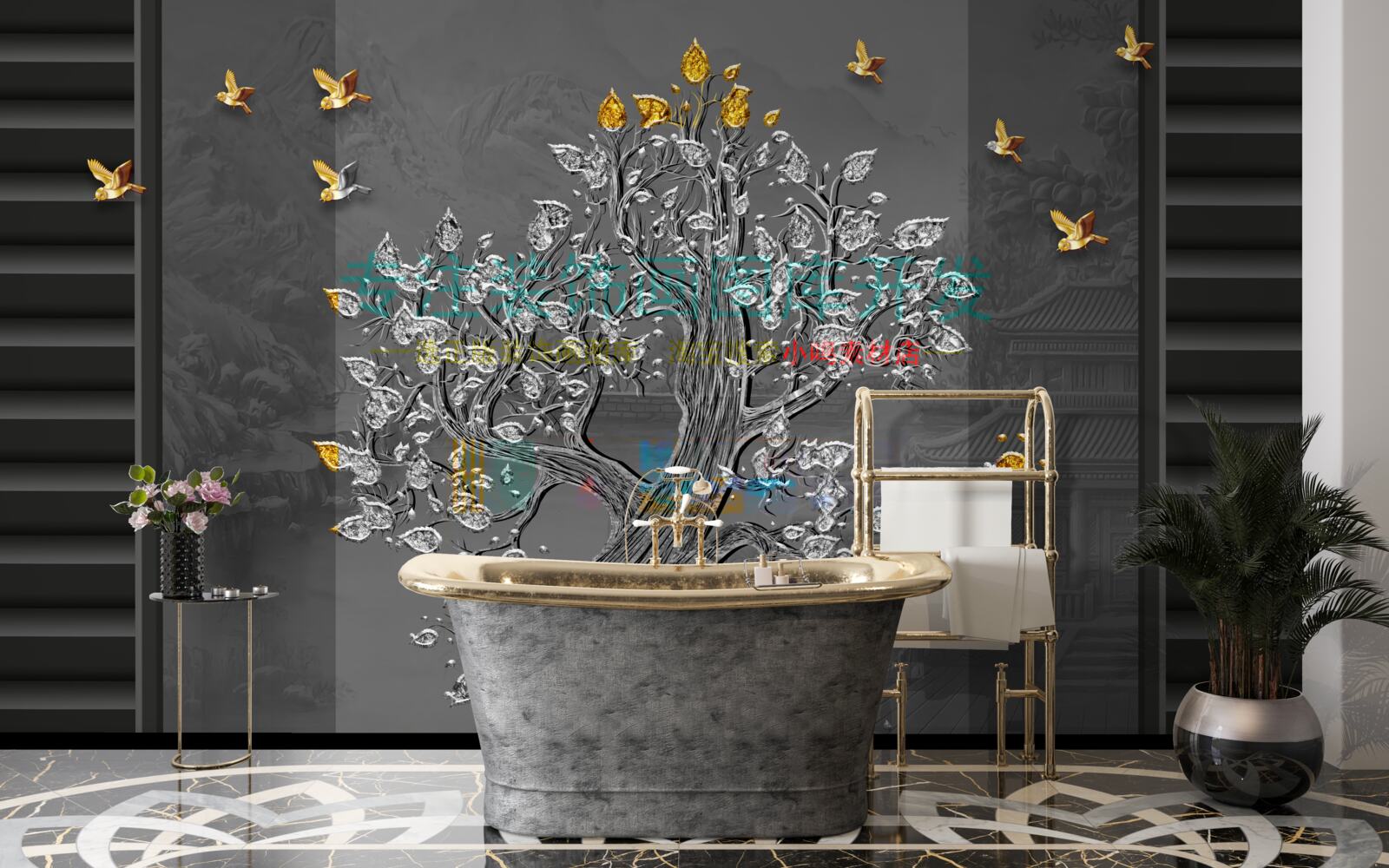 Fototapeta strom zlata a vtáky lietajúce na oblohe