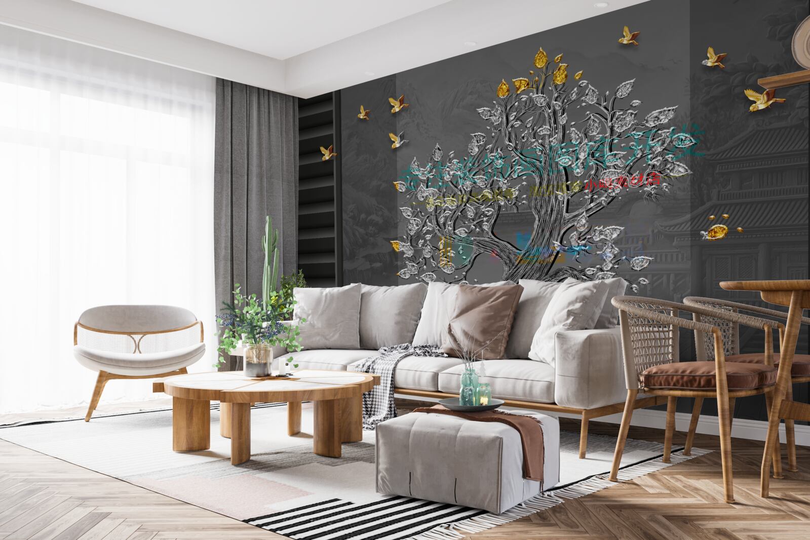 Fototapeta strom zlata a vtáky lietajúce na oblohe