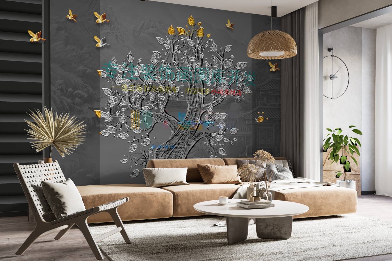 Fototapeta strom zlata a vtáky lietajúce na oblohe