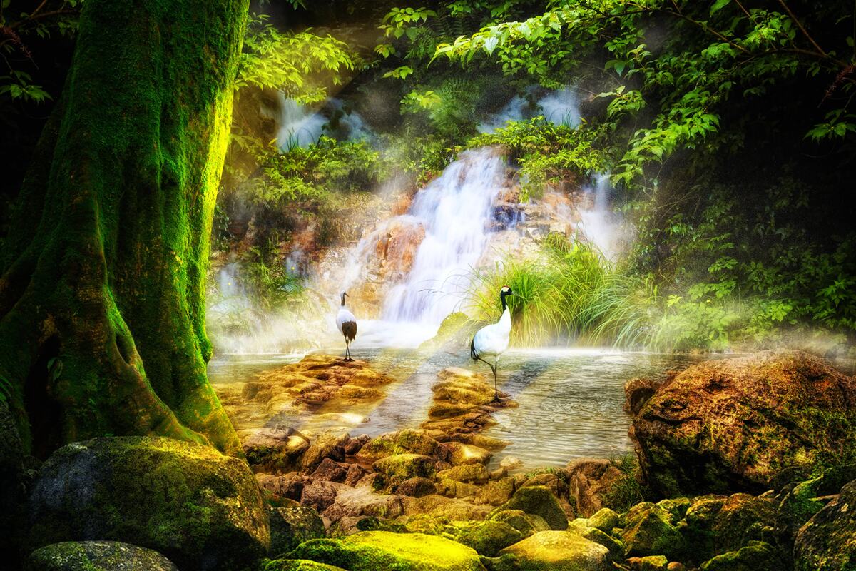 Fototapeta magický horský vodopád padajúci dolu