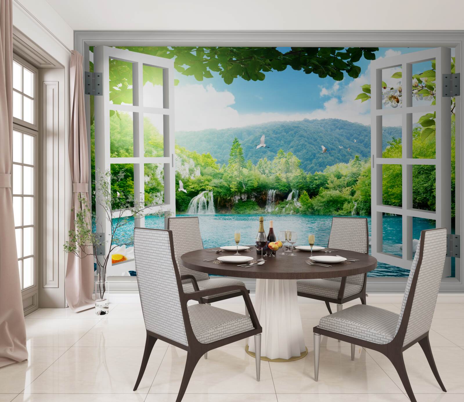 Fototapeta pohľad z okna na krásne jazero a vodopády