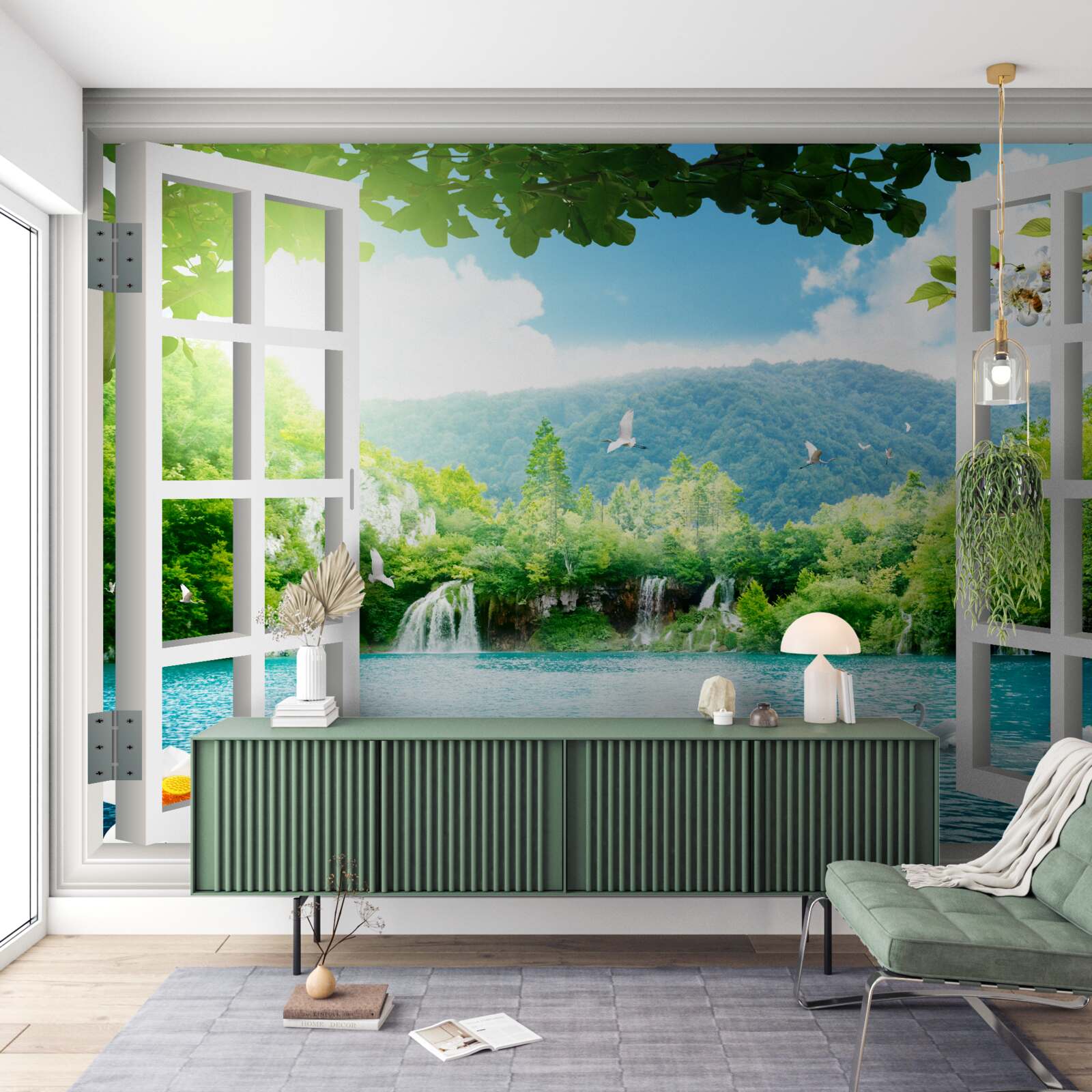 Fototapeta pohľad z okna na krásne jazero a vodopády