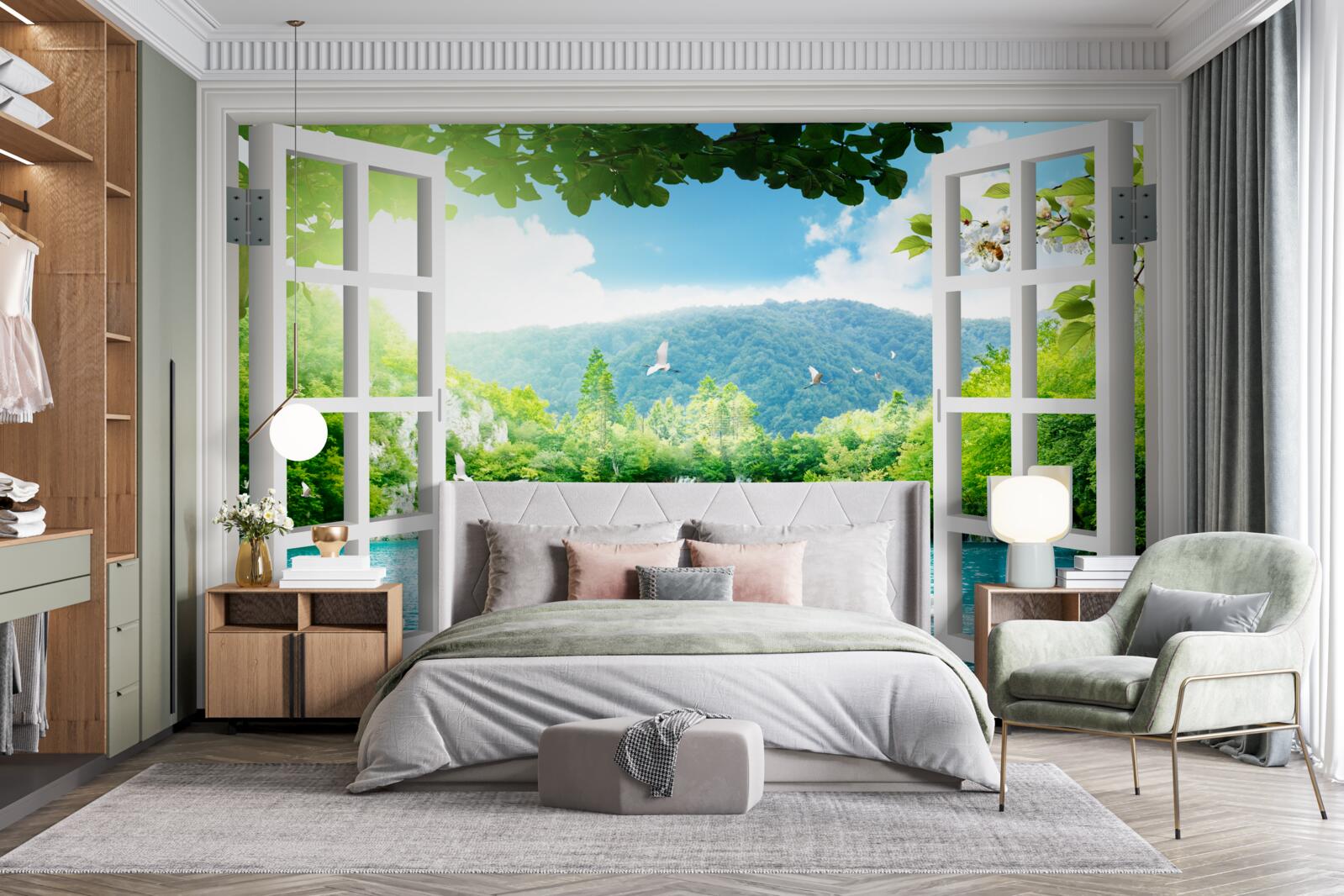 Fototapeta pohľad z okna na krásne jazero a vodopády