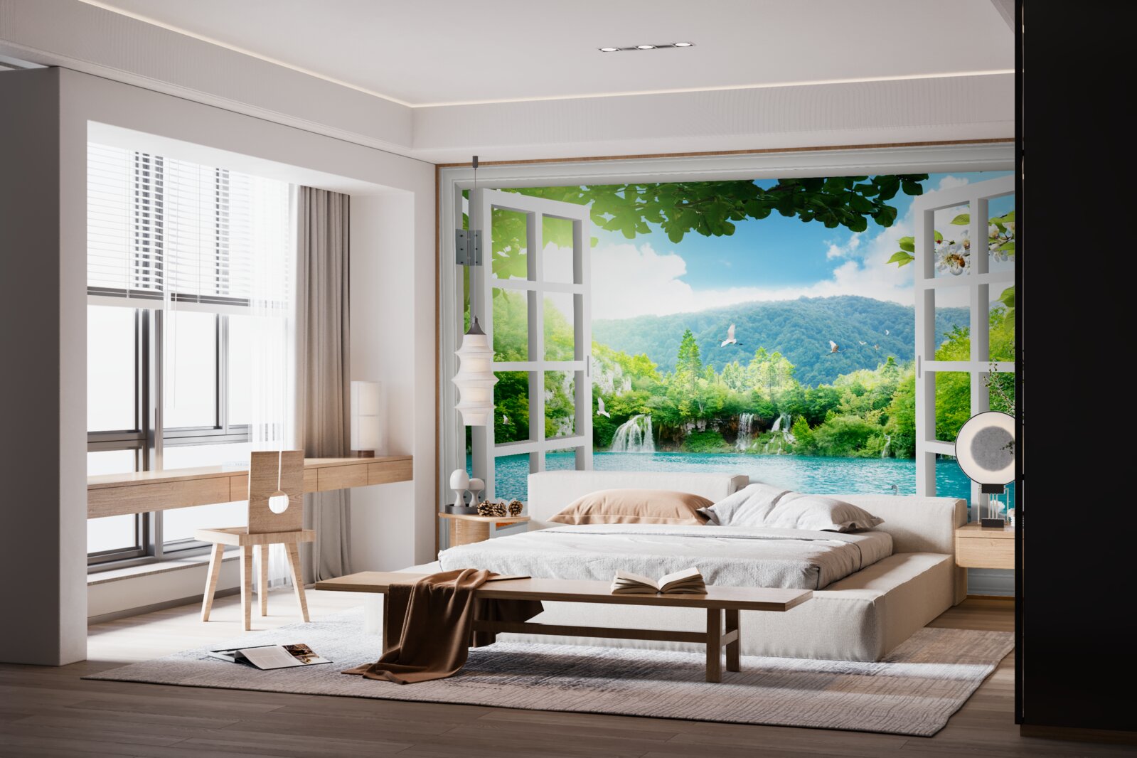 Fototapeta pohľad z okna na krásne jazero a vodopády