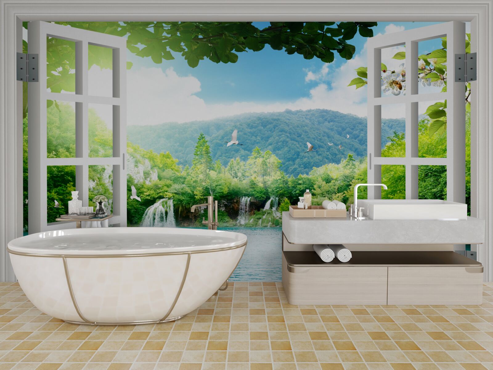 Fototapeta pohľad z okna na krásne jazero a vodopády