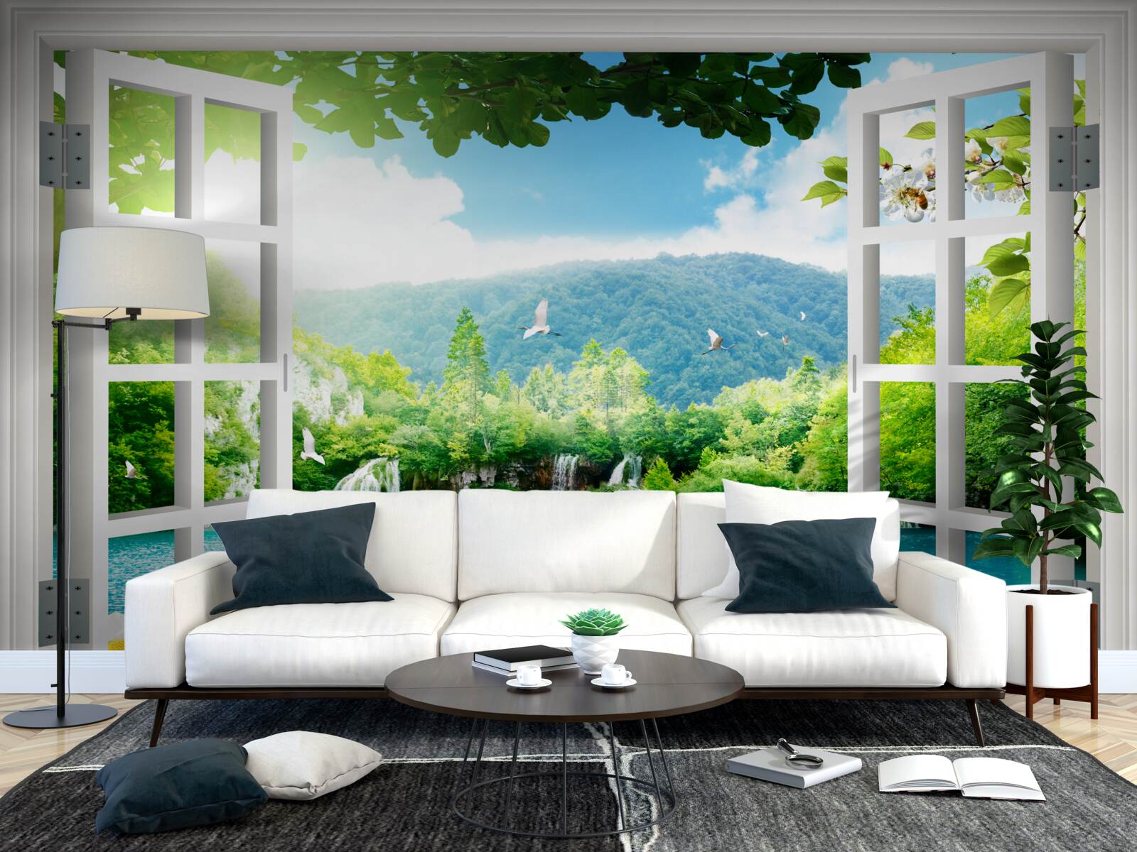 Fototapeta pohľad z okna na krásne jazero a vodopády