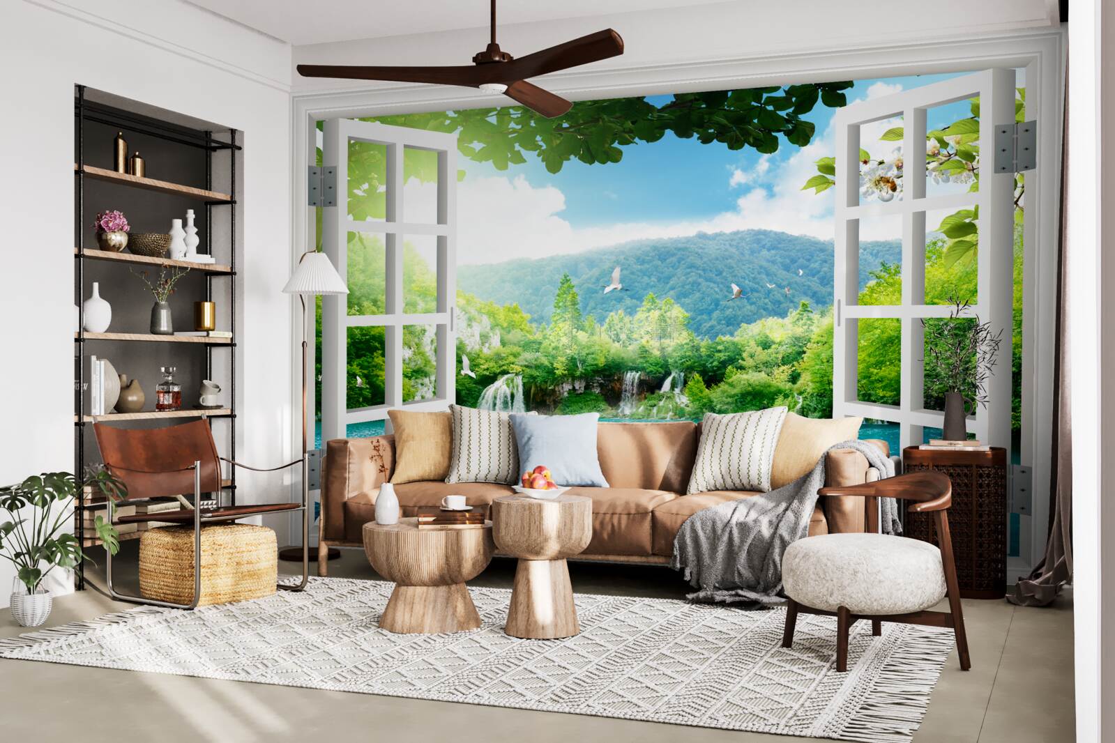 Fototapeta pohľad z okna na krásne jazero a vodopády