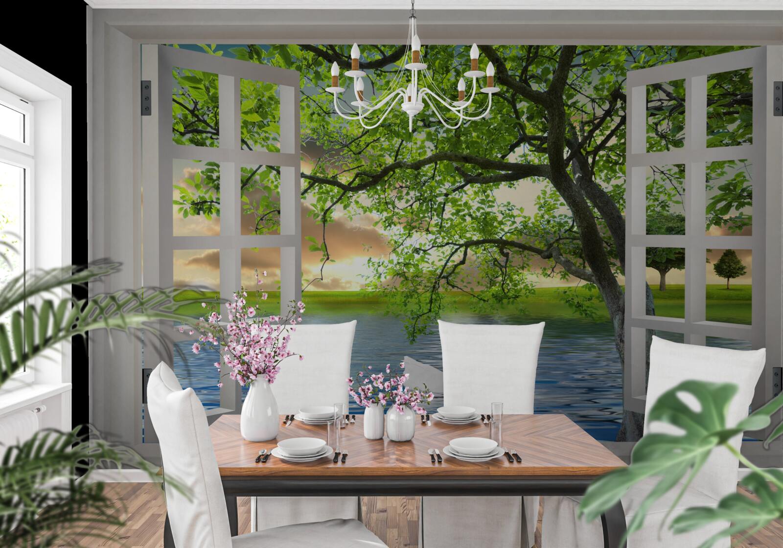 Fototapeta Na vode pri okne pláva labuť