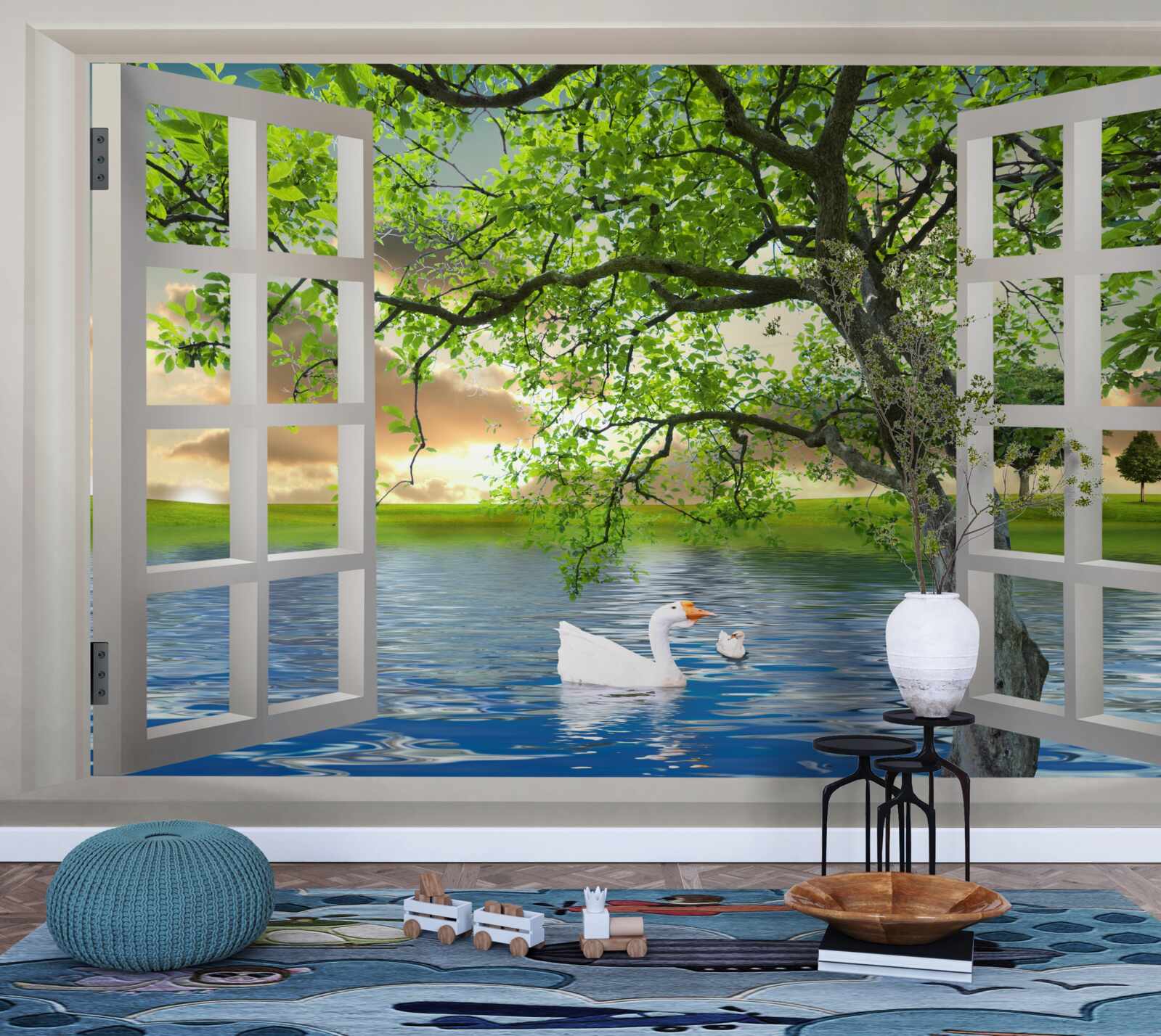 Fototapeta Na vode pri okne pláva labuť