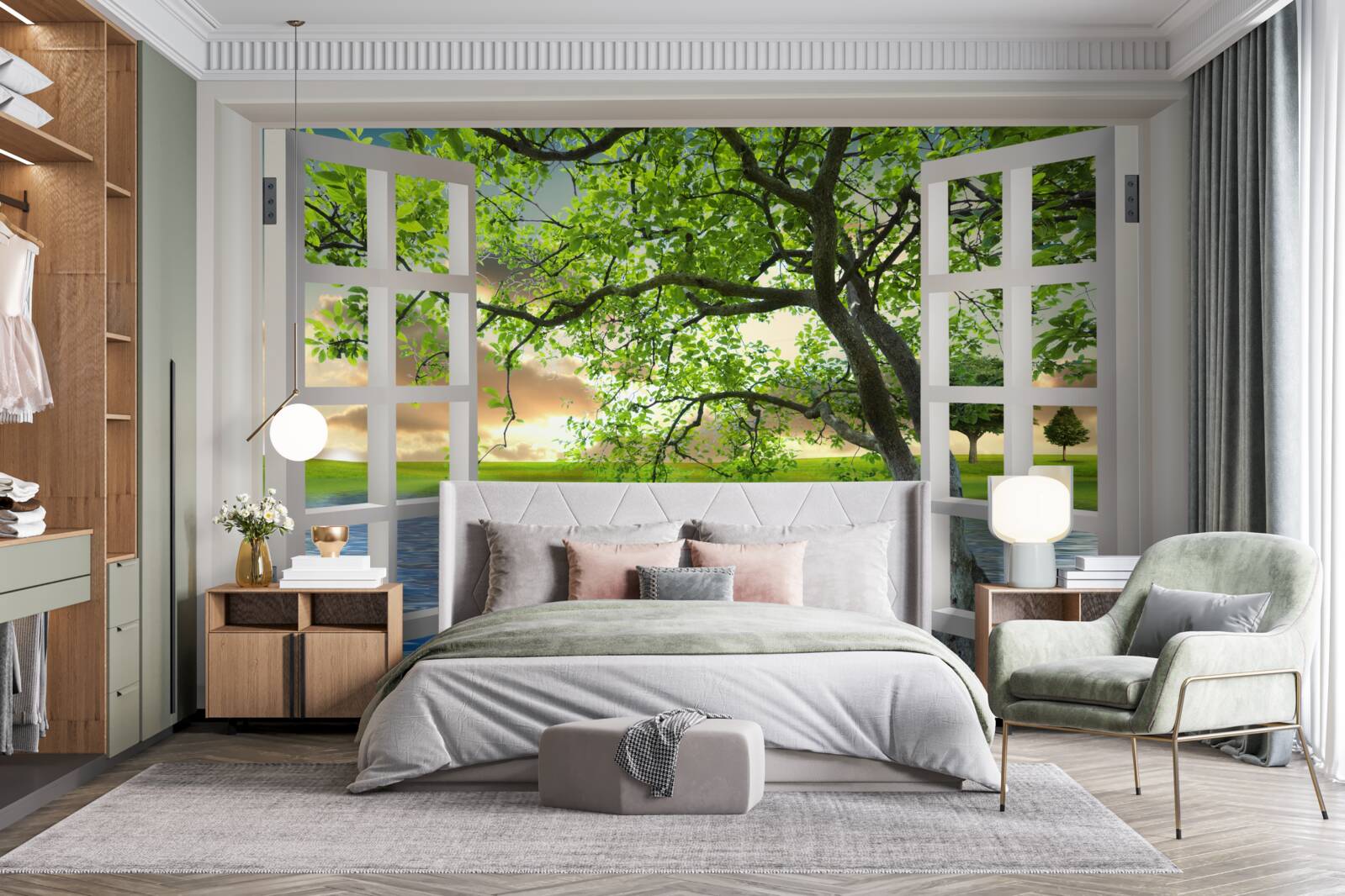 Fototapeta Na vode pri okne pláva labuť