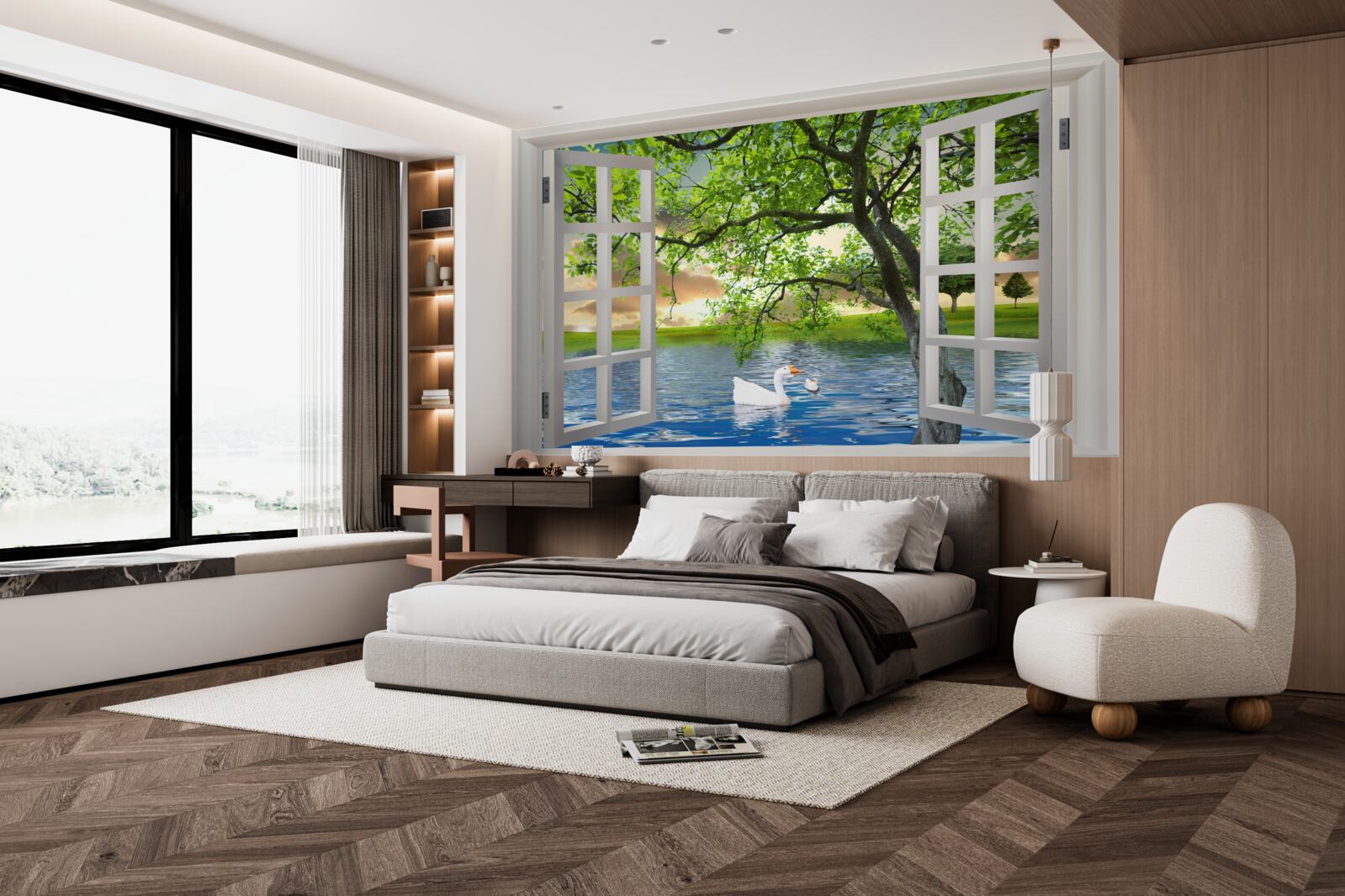 Fototapeta Na vode pri okne pláva labuť