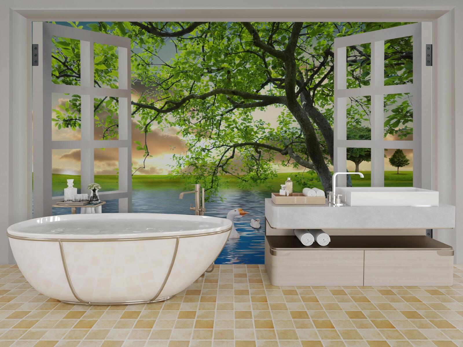 Fototapeta Na vode pri okne pláva labuť