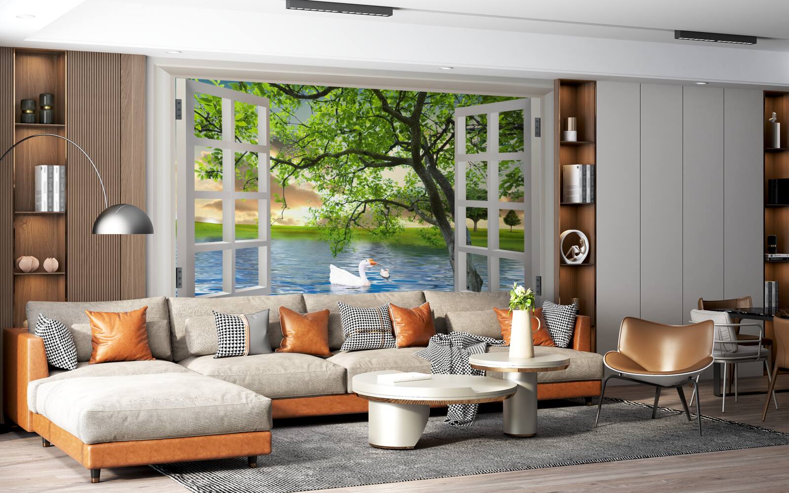 Fototapeta Na vode pri okne pláva labuť