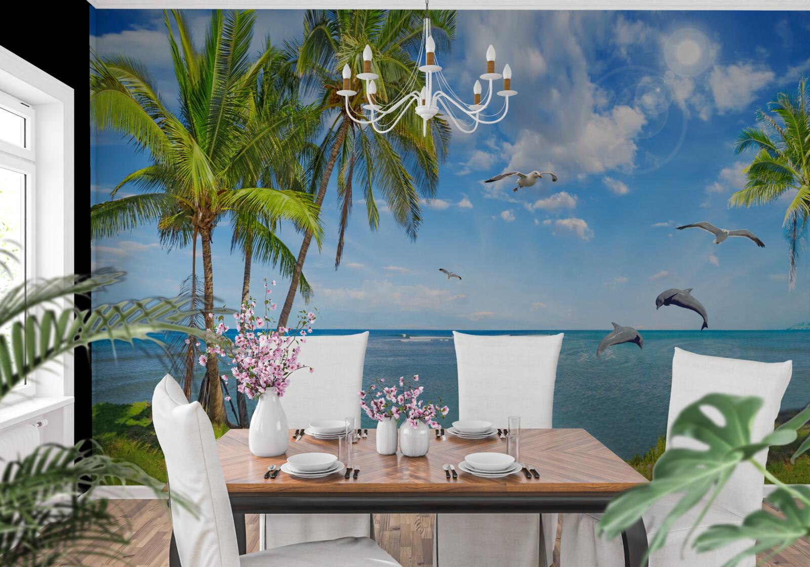 Fototapeta delfíny na prímorskej krajine