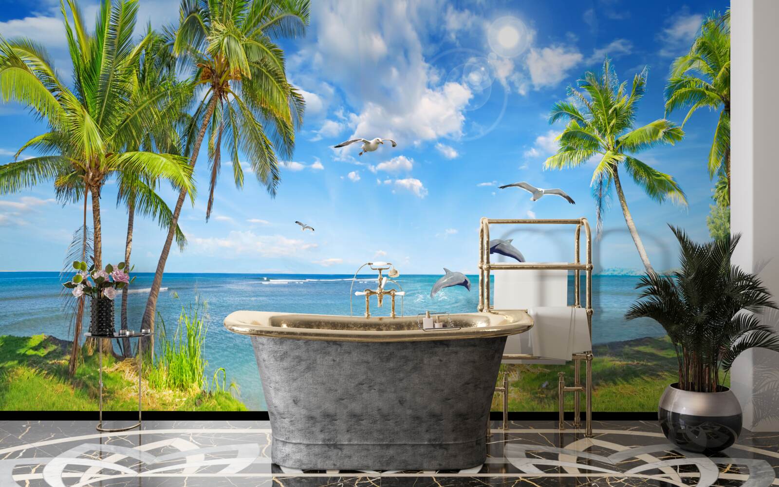 Fototapeta delfíny na prímorskej krajine