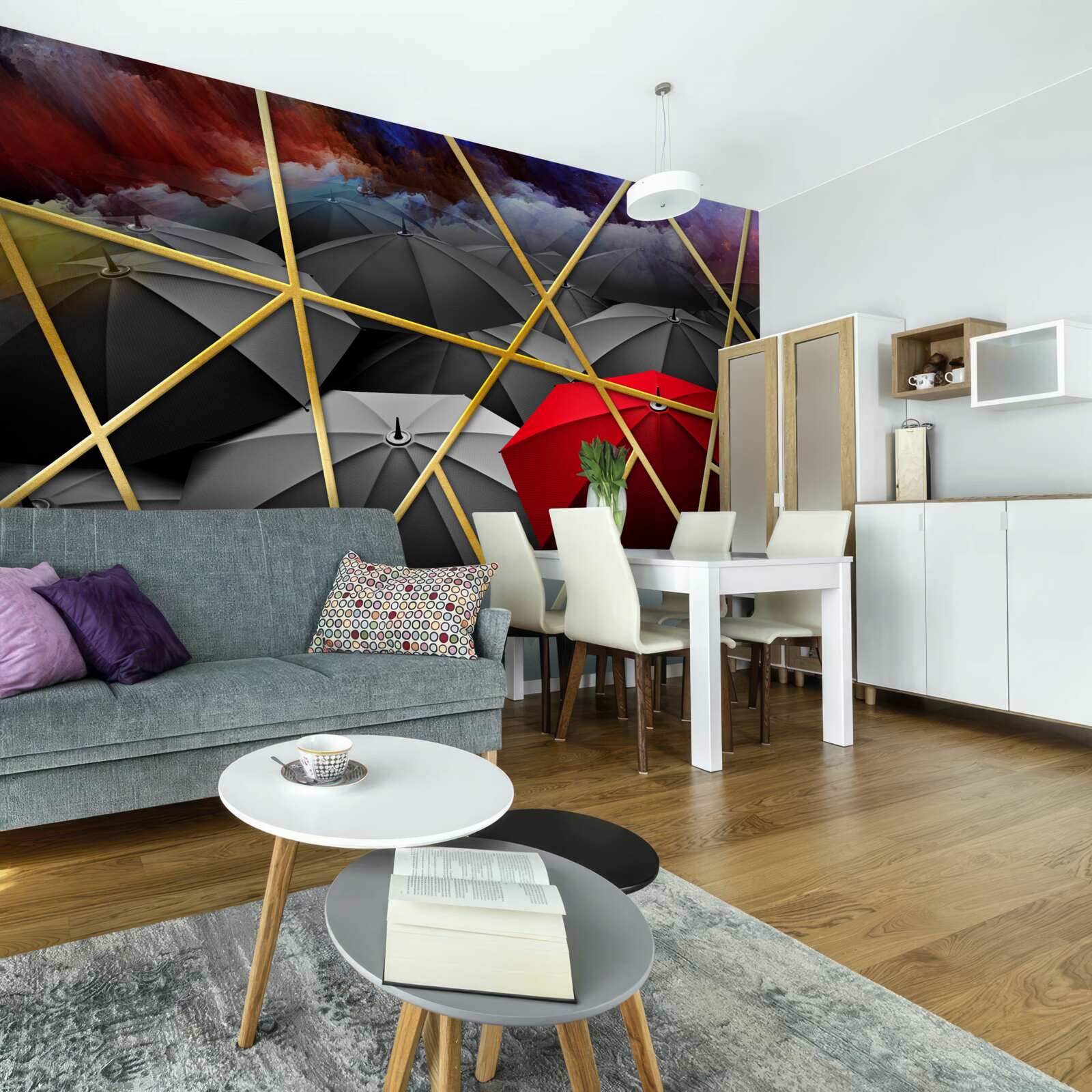 Fototapeta zlatá sieťovina na sivom pozadí zvýraznená červeným dáždnikom